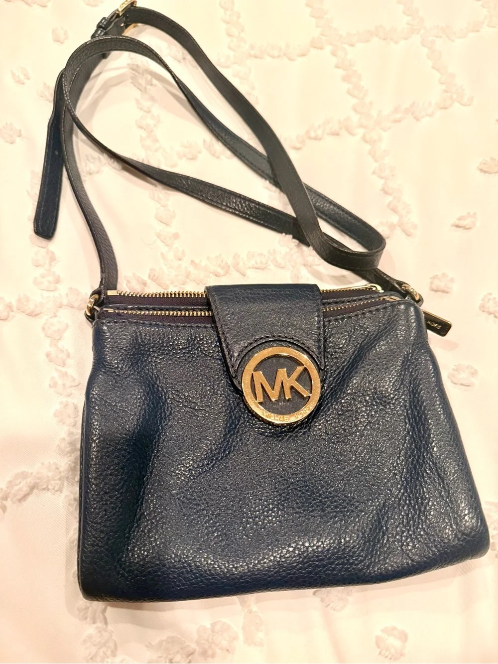 Michael Kors Navy Pebbled Leather Crossbody with Gold MK Emblem